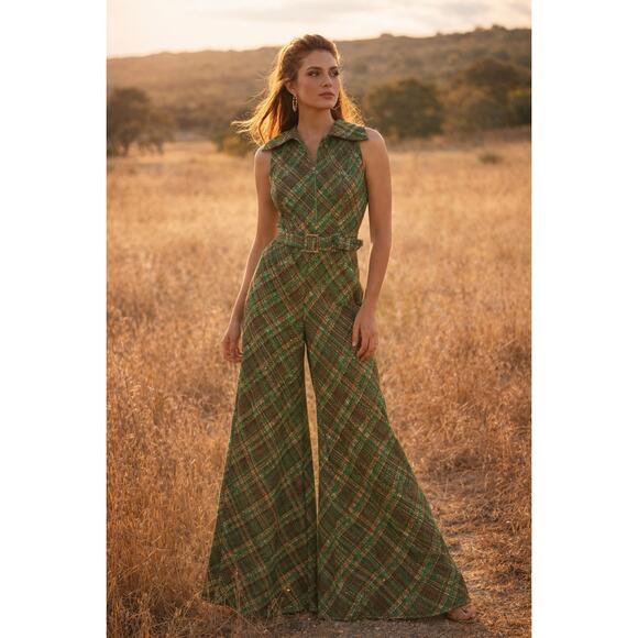 Lillie Rubin Pants - Vintage Lillie Rubin Green Plaid Wide Leg Jumpsuit & Jacket Belted 70s Glam